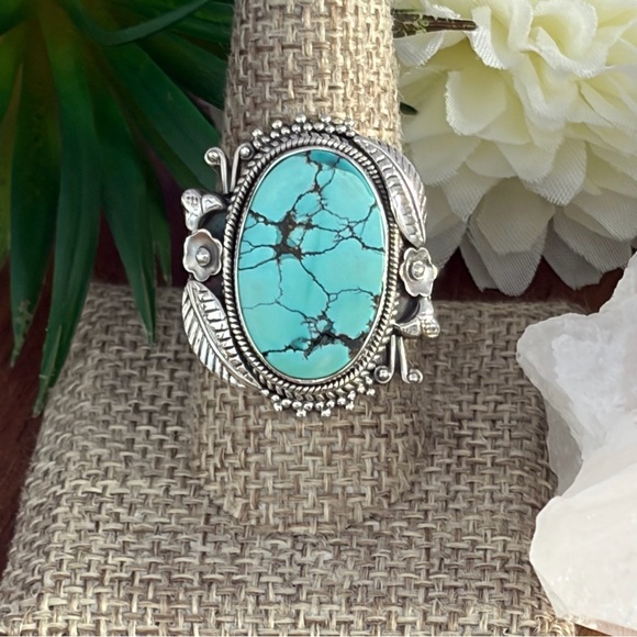 Southwest Spiderweb Turquoise Ring Size 9 Navajo Style Pure Sterling Silver 925 - Picture 6 of 11